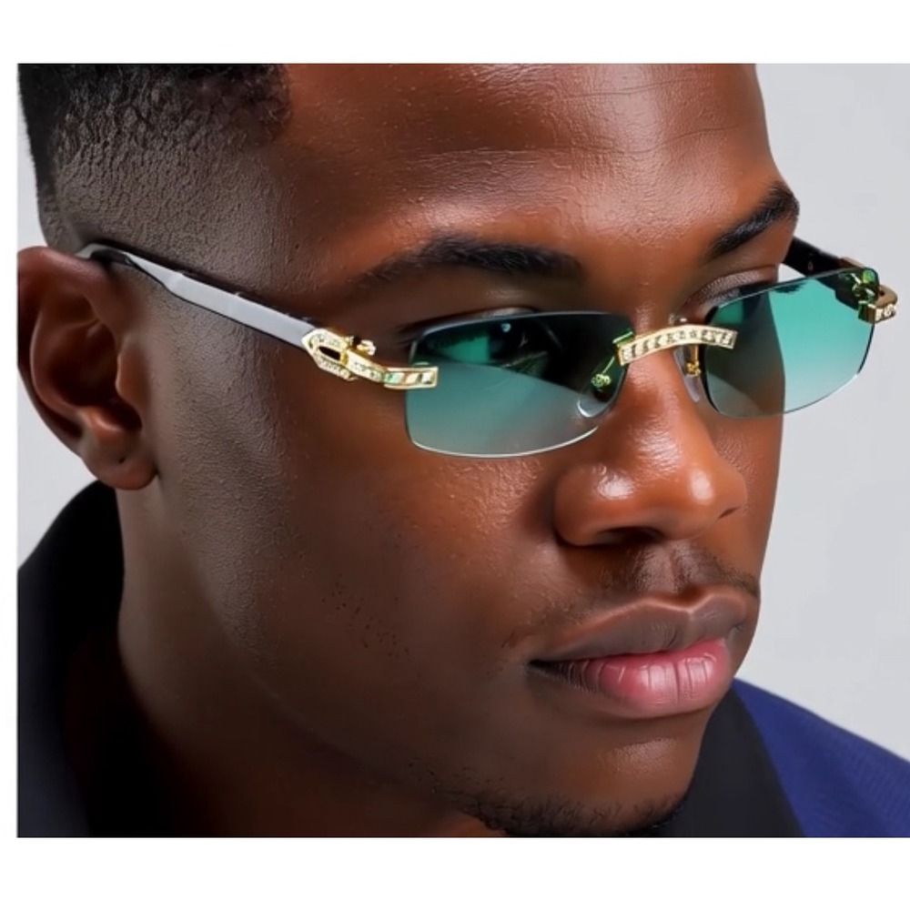 Rimless Sunglasses‎ Green Lens Rhinestone Accents Fashion Shades Diamond Shades